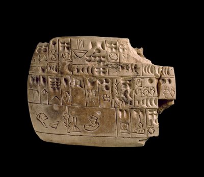 Tavoletta da Jamdat Nasr in Iraq, elenco di quantità di varie merci in sumero arcaico (primo script cuneiforme) c.3200-3000 a.C. da Sumerian